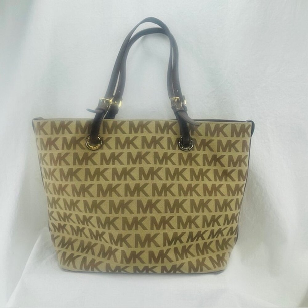 Michael Kors Large Tote Shoulder Bag Purse Khaki Brown Classic MK Logo